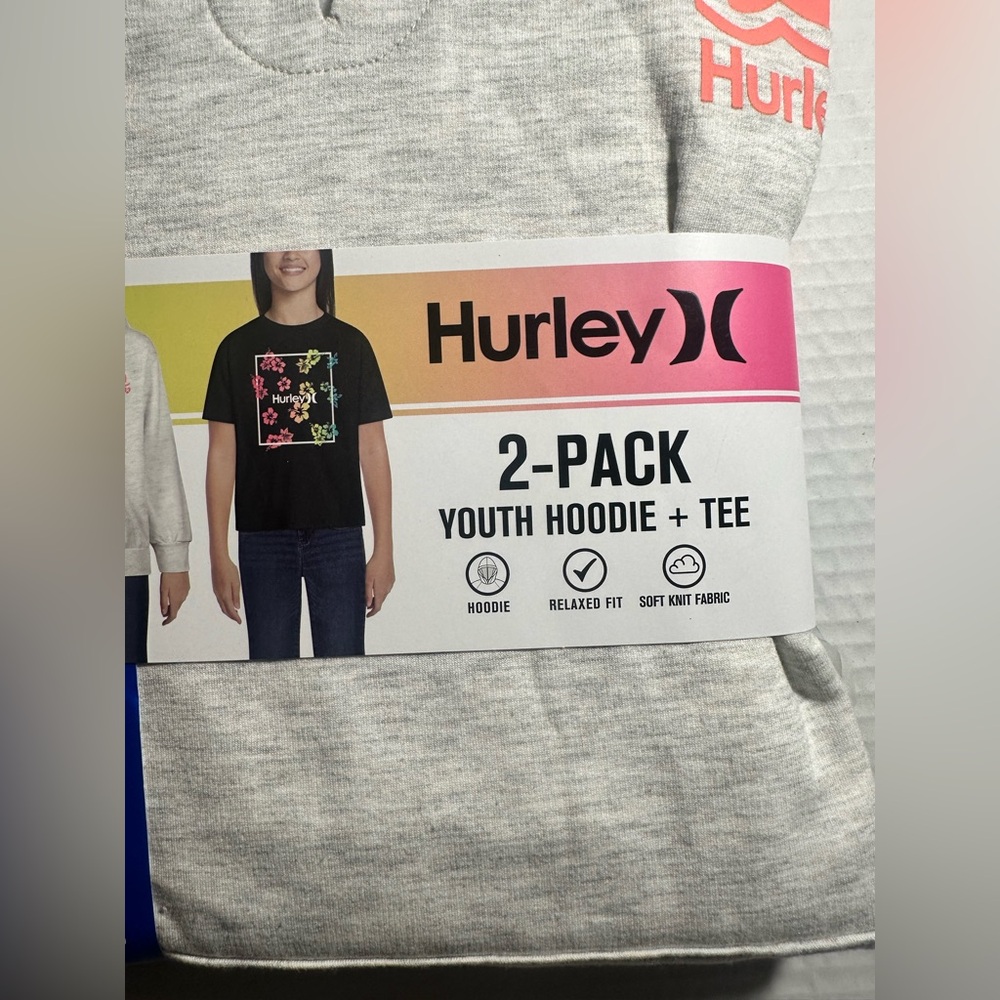 Hurley Youth Girls Hoodie & Tee (2‎ Pcs Set) Gray, Multicolor, Large (14/16) NEW - Picture 2 of 6
